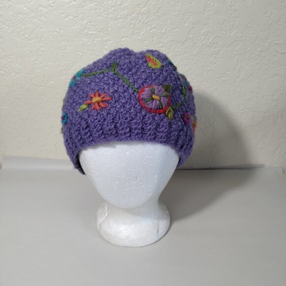 Lost Horizons Hat Purple Wool Embroidered Flowers Lined Handmade In Nepal‎ OS - Picture 1 of 8